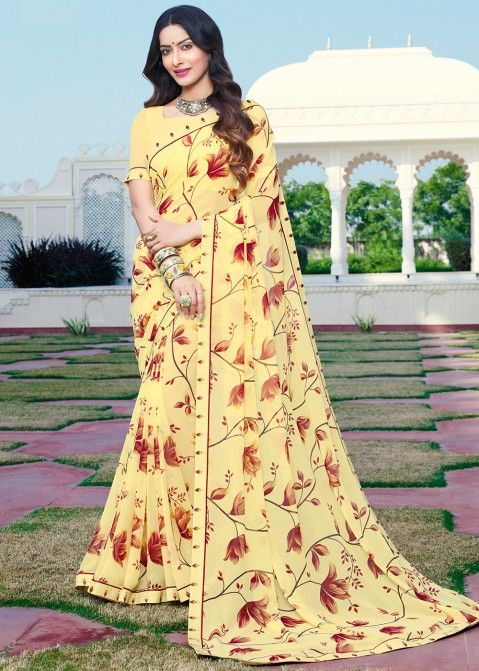 Yellow Georgette Saree With Floral Patterns