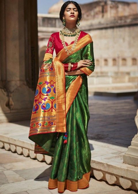 Bottel Green with Red Border Silk Wedding Saree – paanericlothing
