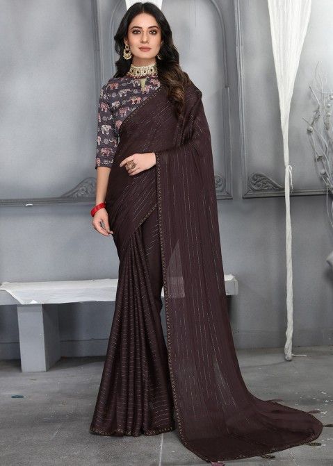 Brown Casual Wear Plain Saree Online With Floral Blouse