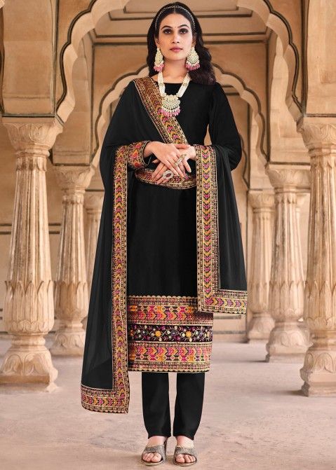 Black Embroidered Straight Cut Pant Suit Set