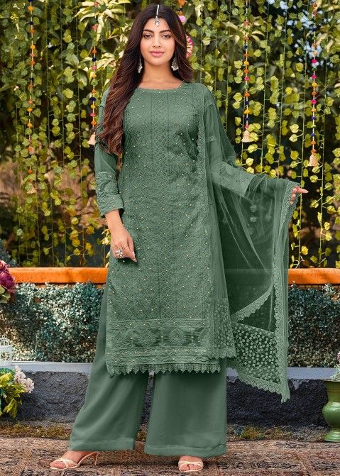 Peachmode - More than 20% OFF!!! Hurry Up!! Click the link below to buy  this Palazzo Suit - https://peachmode.com/palazzo-suit/dazzling-light-green -colored-designer-partywear-embroidered-dola-jacquard-palazzo-suit-65187/?utm_source=facebook&utm_medium  ...