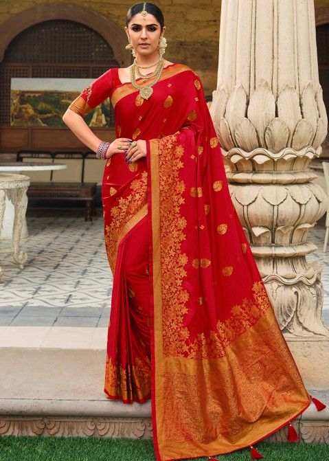 Red Bridal Zari Woven Saree With Blouse