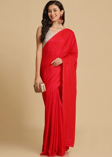 Red Satin Casual Wear Plain Simple Saree With Jacquard Blouse