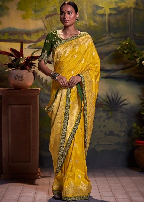 Green & Yellow Printed Paithani Silk Saree with Embroidered Blouse – Ethnos