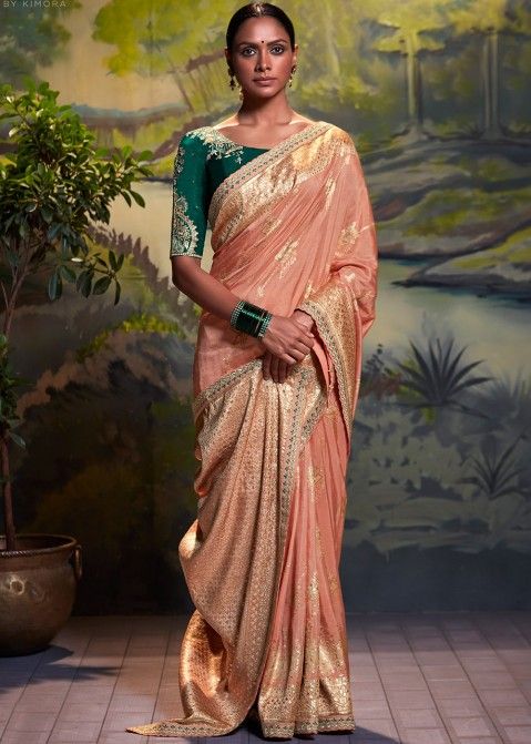 Peach Art Silk Woven Saree With Embroidered Blouse
