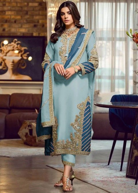 Buy online Blue Straight Pant Semi-stitched Suit from Suits & Dress  material for Women by Yoyo Fashion for ₹1229 at 67% off