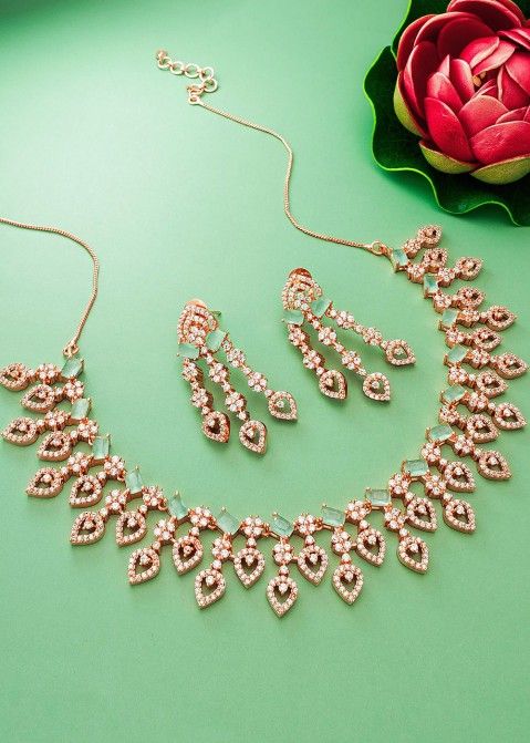 Green & White Studded American Diamond Necklace Set 481JW02