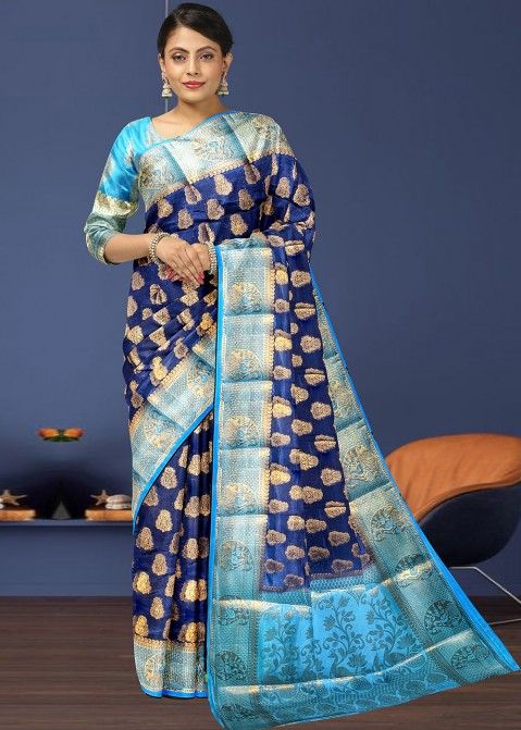 Blue Zari Woven Kanjivaram Silk Saree With Blouse