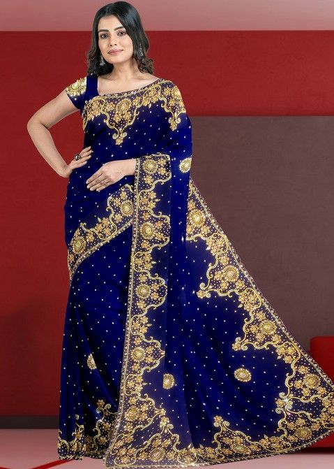 Blue Handwork Embroidered Saree With Heavy Border