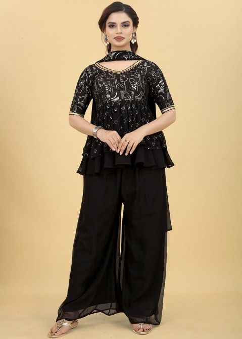 Black Embroidered Sharara Suit In Peplum Style