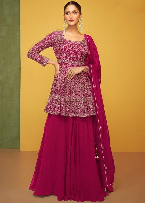 Pink Embroidered Flared Sharara Suit In Georgette