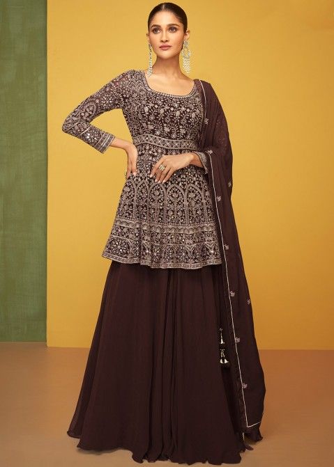 Brown Embroidered Sharara Style Suit In Georgette