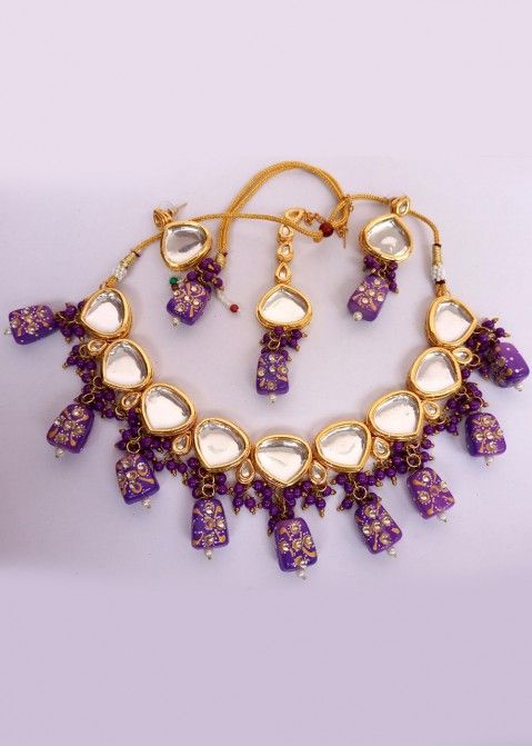 Printed Glass Beads Necklace With Round Pendant, Purple And Yellow