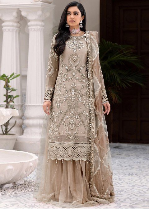 Peach Net Embroidered Party Wear Sharara Suit | Latest Kurti Designs