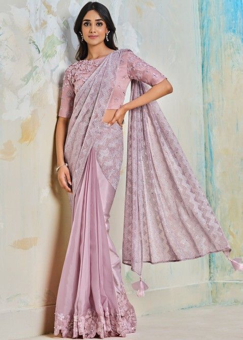 Pink Embroidered Border Pre-Stitched Satin Saree