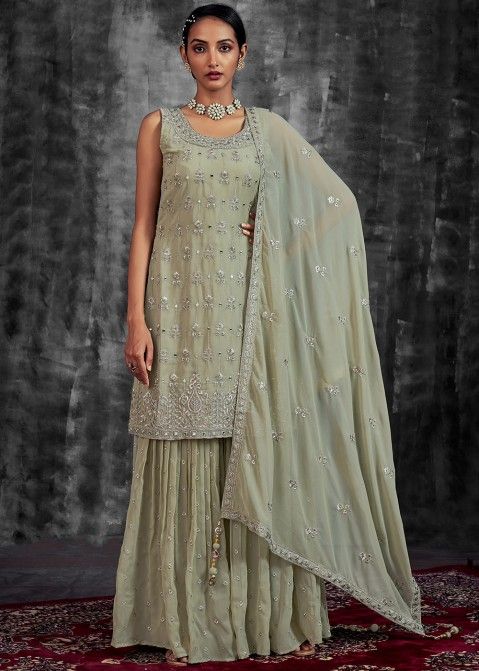 Readymade Green Embroidered Sharara Suit