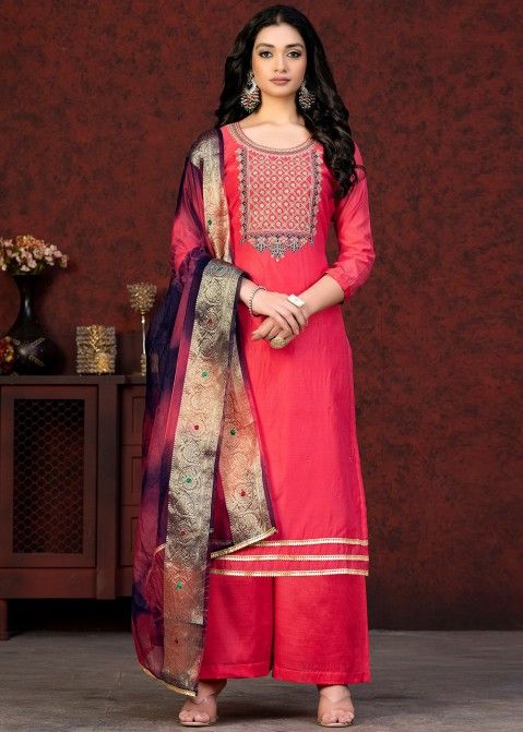 Pink Embroidered Straight Cut Suit Set