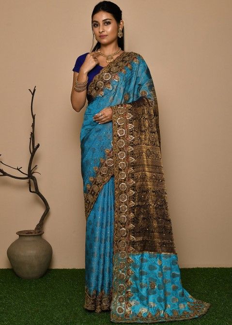 Blue Embroidered Border Kanjivaram Silk Saree