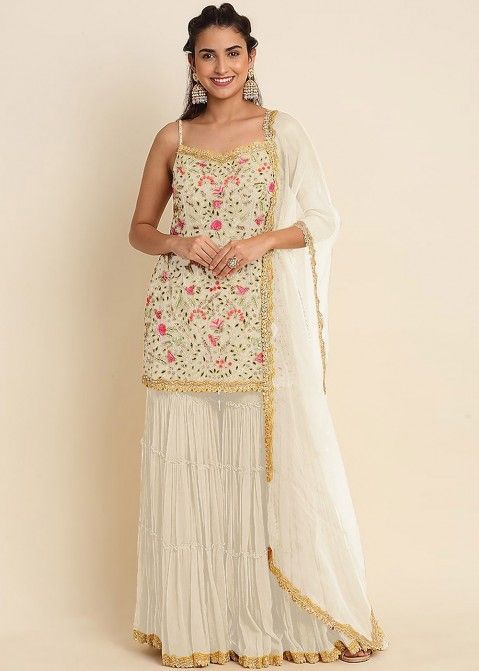 White Embroidered Sharara Suit Set In Georgette