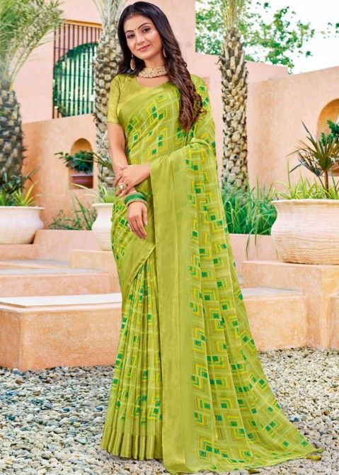 Green Digital Printed Saree With Satin Blouse