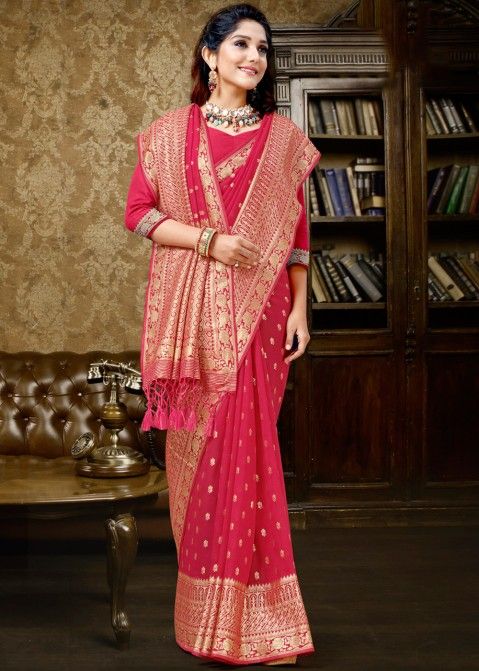 Red Zari Woven Bridal Saree With Blouse