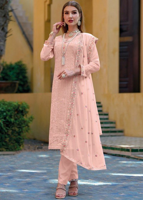 Shop Online Faux Georgette Pink Embroidered Pant Style Suit : 186801 