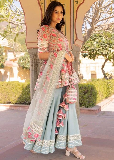 Charming Embroidered Work Teal Color Georgette Fabric Party Wear Readymade  Sharara Suit