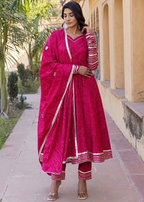 Buy Azalea Pink Anarkali Suit In Georgette With Floral Print And Zari Work