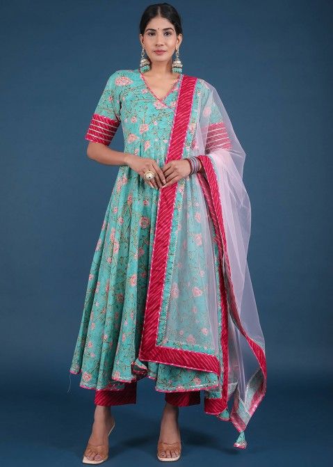 Teal Green Floral Printed Pure Cotton Angrakha Style Suit