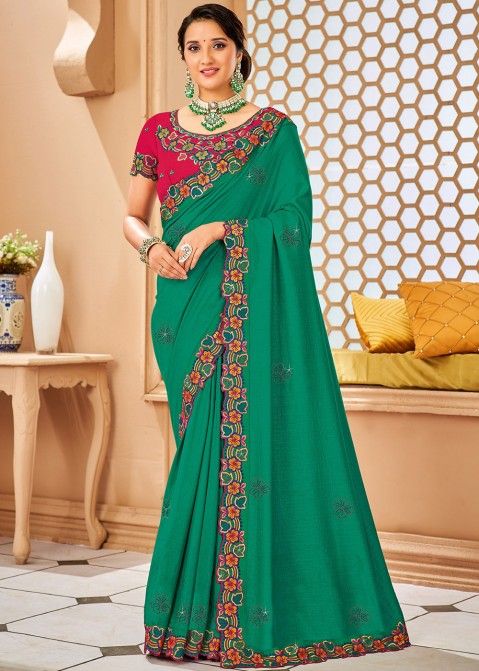 Green Embroidered Saree With Art Silk Blouse
