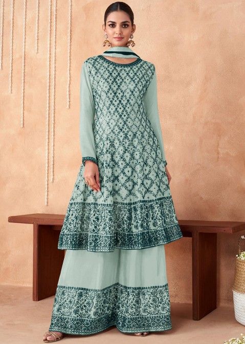 Green Embroidered Georgette Palazzo Suit Set