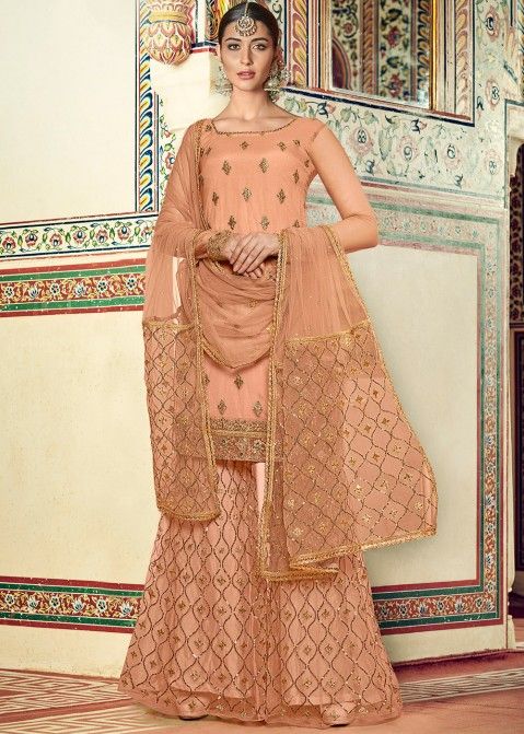 Orange Embroidered Sharara Suit In Net