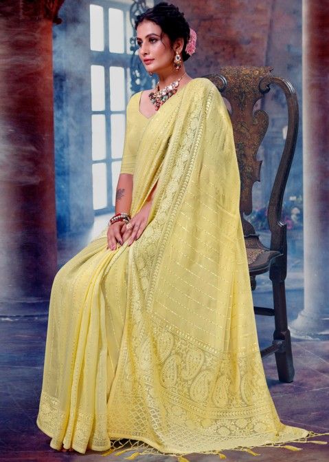 Yellow Thread Embroidered Festive Saree In Viscose Silk