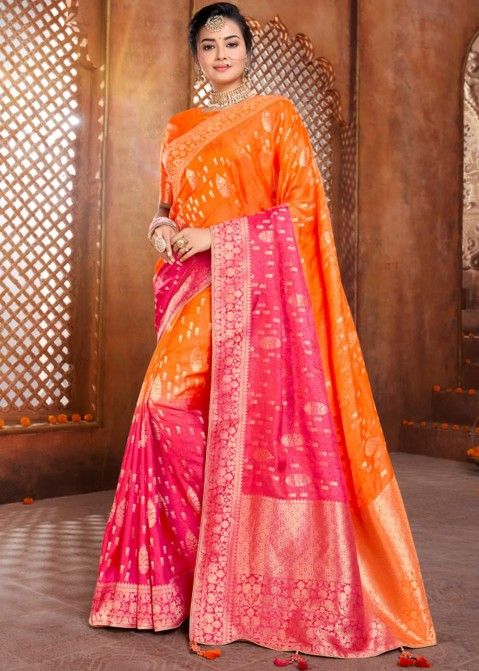 Orange & Pink Silk Festive Saree With Heavy Pallu