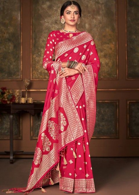 Pink Banarasi Silk Saree In Zari Woven