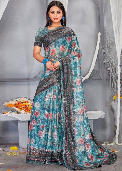 Blue Sequin Embellished Party Saree In Net