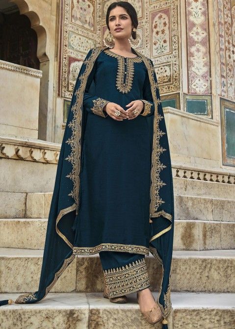 Blue Embroidered Straight Cut Palazzo Suit Set