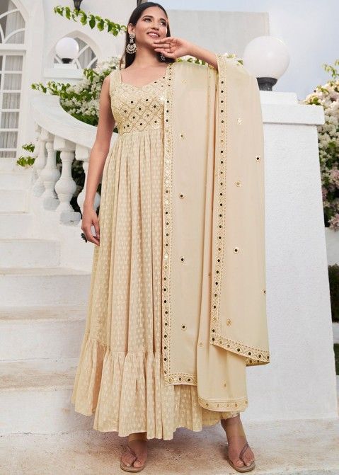 Readymade Beige Embroidered Tiered Anarkali Suit
