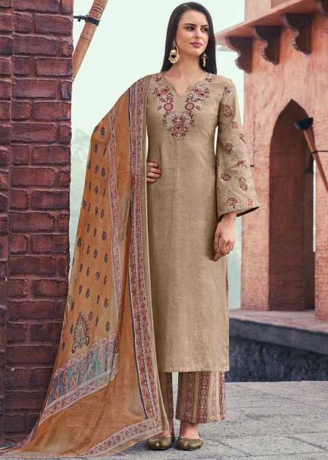 Hand Block Printed Cotton Pakistani Suit in Orange  KER75