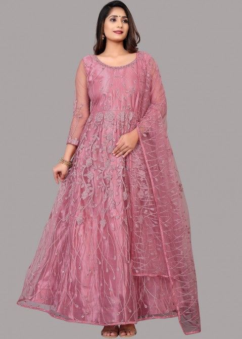 Pink Embroidered Anarkali Suit With Dupatta