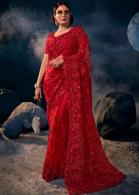 Red Applique Floral Embroidered Pallu Net Saree