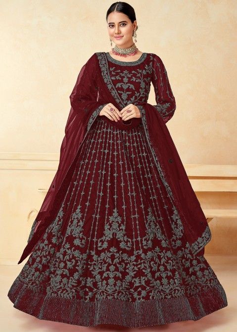 Maroon Embroidered Faux Georgette Anarkali Suit - Divine International  Trading Co - 2668578