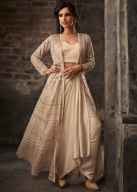 Cream Embroidered Dhoti Style Salwar Kameez With Jacket