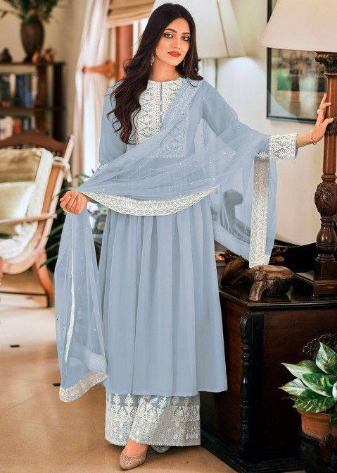 Blue Embroidered Palazzo Suit Set With Dupatta