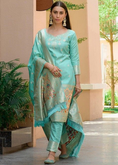 Buy Ethnic Beige Color Banarasi Jacquard Trouser Suit Online - SALV2740 |  Appelle Fashion