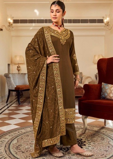 Brown Art Silk Embroidered Pant Suit Set