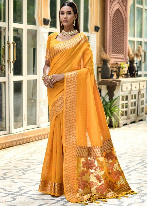 Yellow Banarasi Silk Saree With Heavy Work Border For Wedding | Kolour