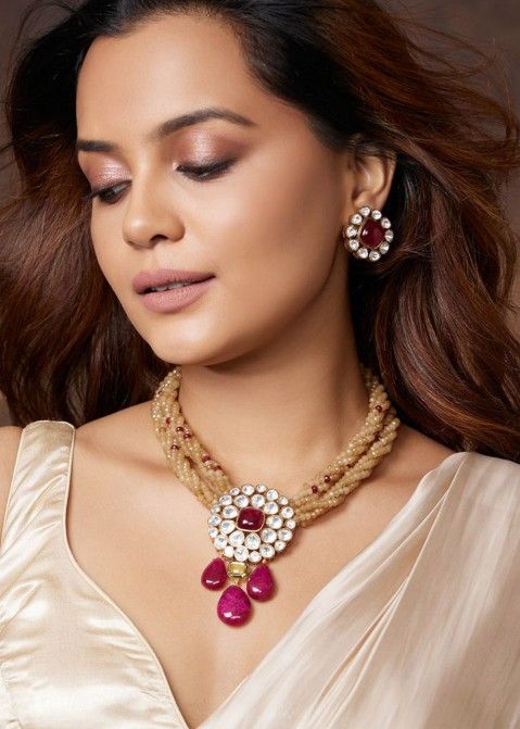 Magenta Kundan Studded Necklace Set for Women Online USA Panash India