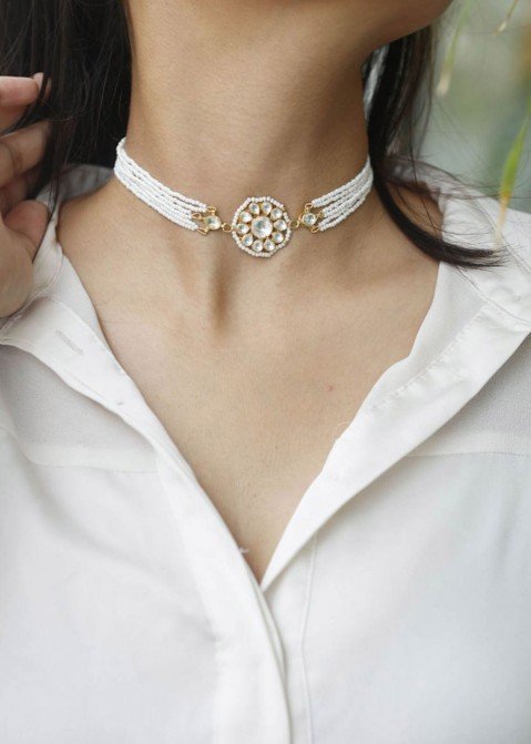 Rubans Gold Plated Elegant Kundan Choker Set With White Beads.