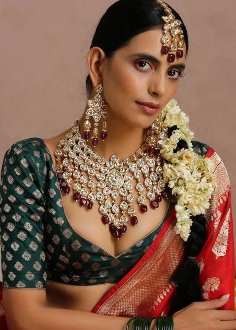 Maroon & White Kundan Bridal Indian Necklace Set USA 